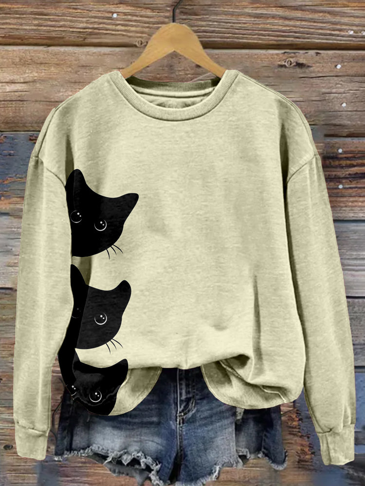 Peeking Black Cats Pattern Vintage Cozy Sweatshirt elevenforest