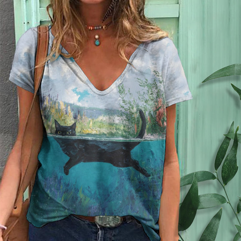 Women's Black Cat In Landscape Painting Print V-neck T-shirt elevenforest