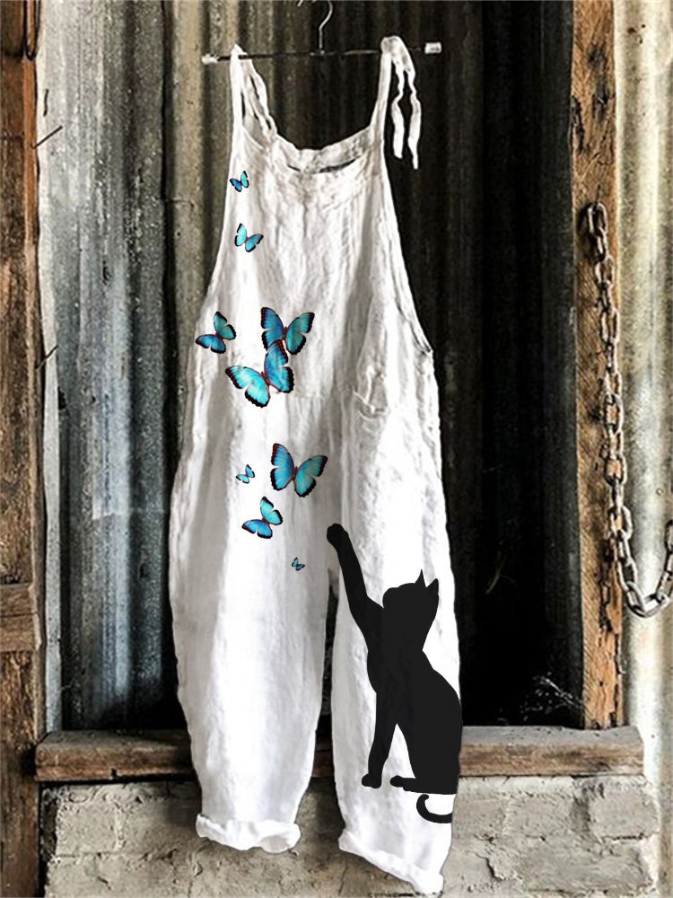 Cat & Butterflies Art Graphic Loose Fit Jumpsuit elevenforest