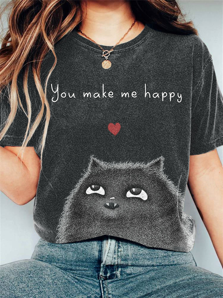 Women's Fluffy Cat Print Vintage Short Sleeve T-Shirt elevenforest