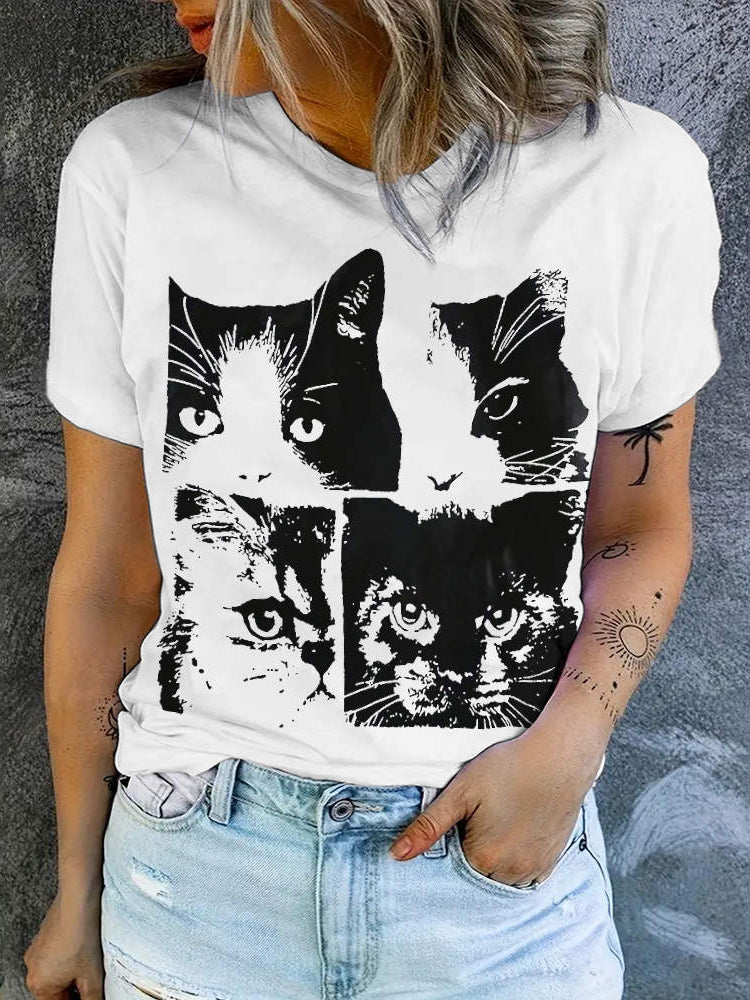 Patchwork Cat Print Casual T-shirt elevenforest
