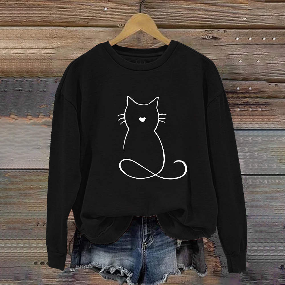 Funny Line Love Cat Print Casual Crew Neck Sweatshirt elevenforest