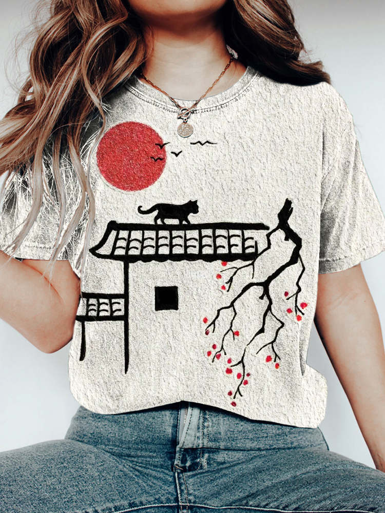Japanese Cat Sunset Print Women's T-shirt elevenforest