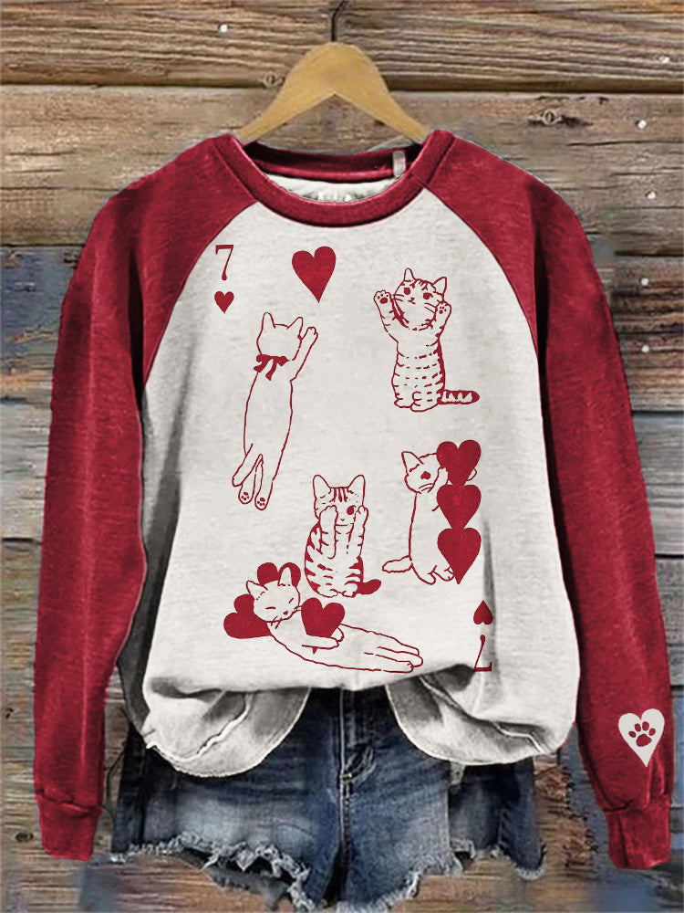 Valentine's Day Hearts & Cats Poker Raglan Sweatshirt elevenforest