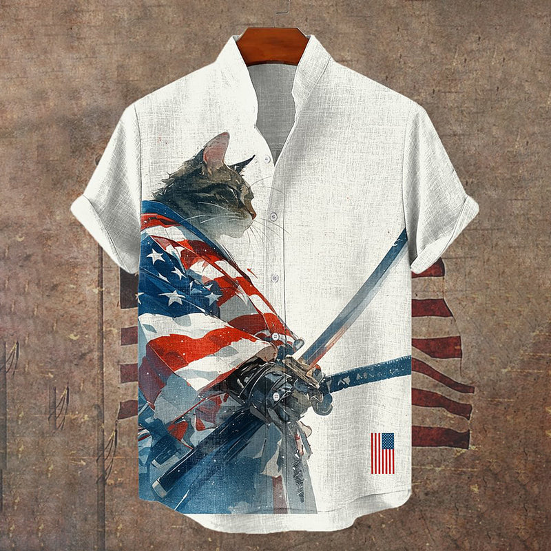 Japanese Art American Flag Robe Cat Ink Painting Short Sleeve Linen Blend Shirt elevenforest