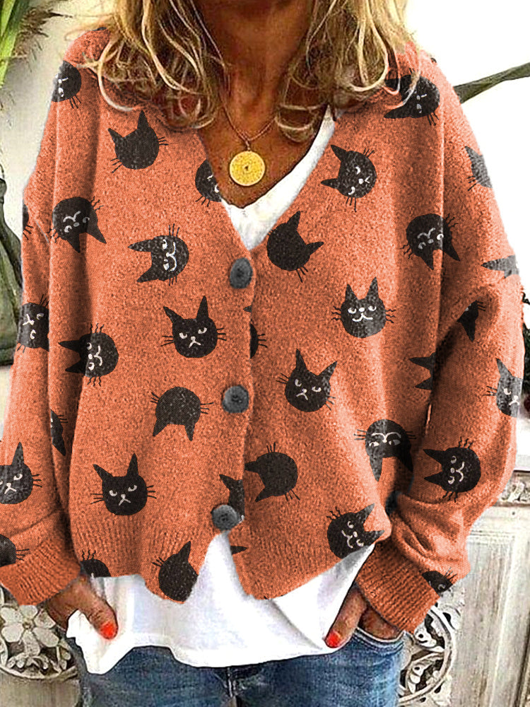 Funny Cat Faces Print Casual Comfortable Cardigan Sweater elevenforest