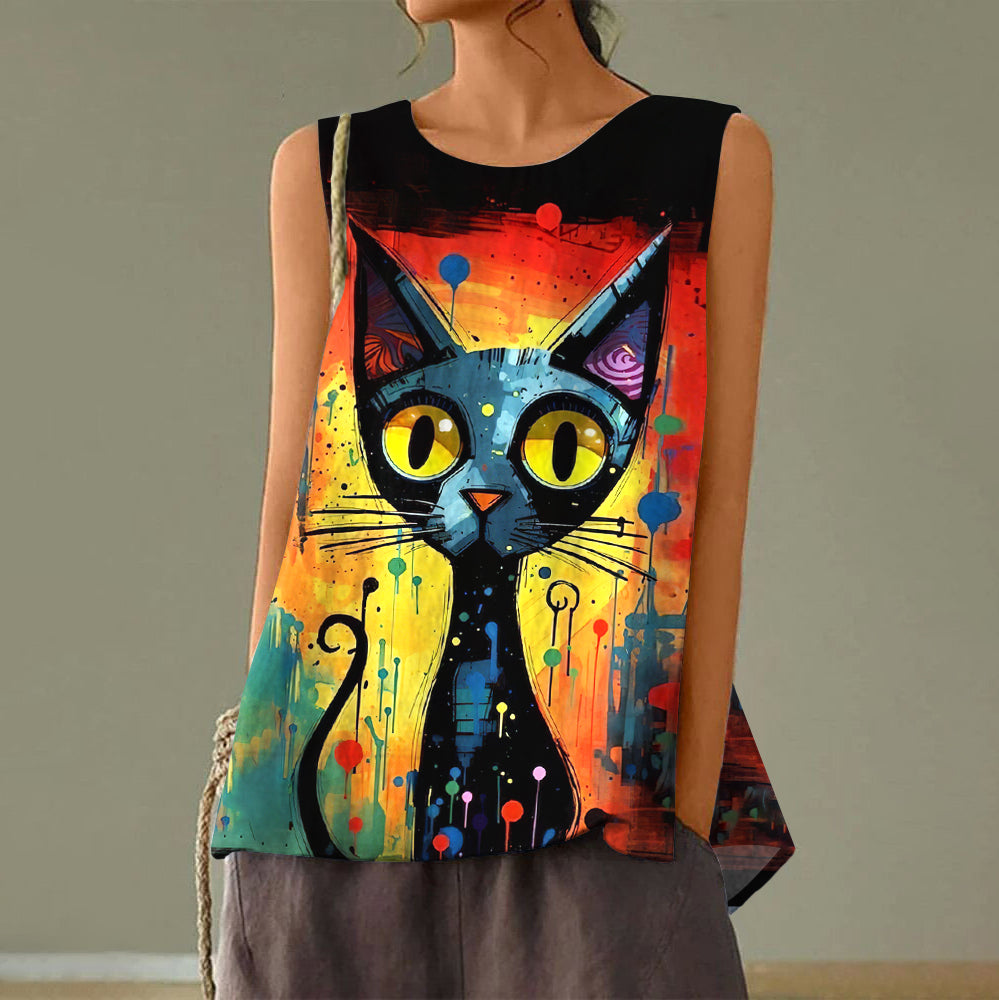 Women's Retro Oil Painting Pop Cat Tank Top elevenforest