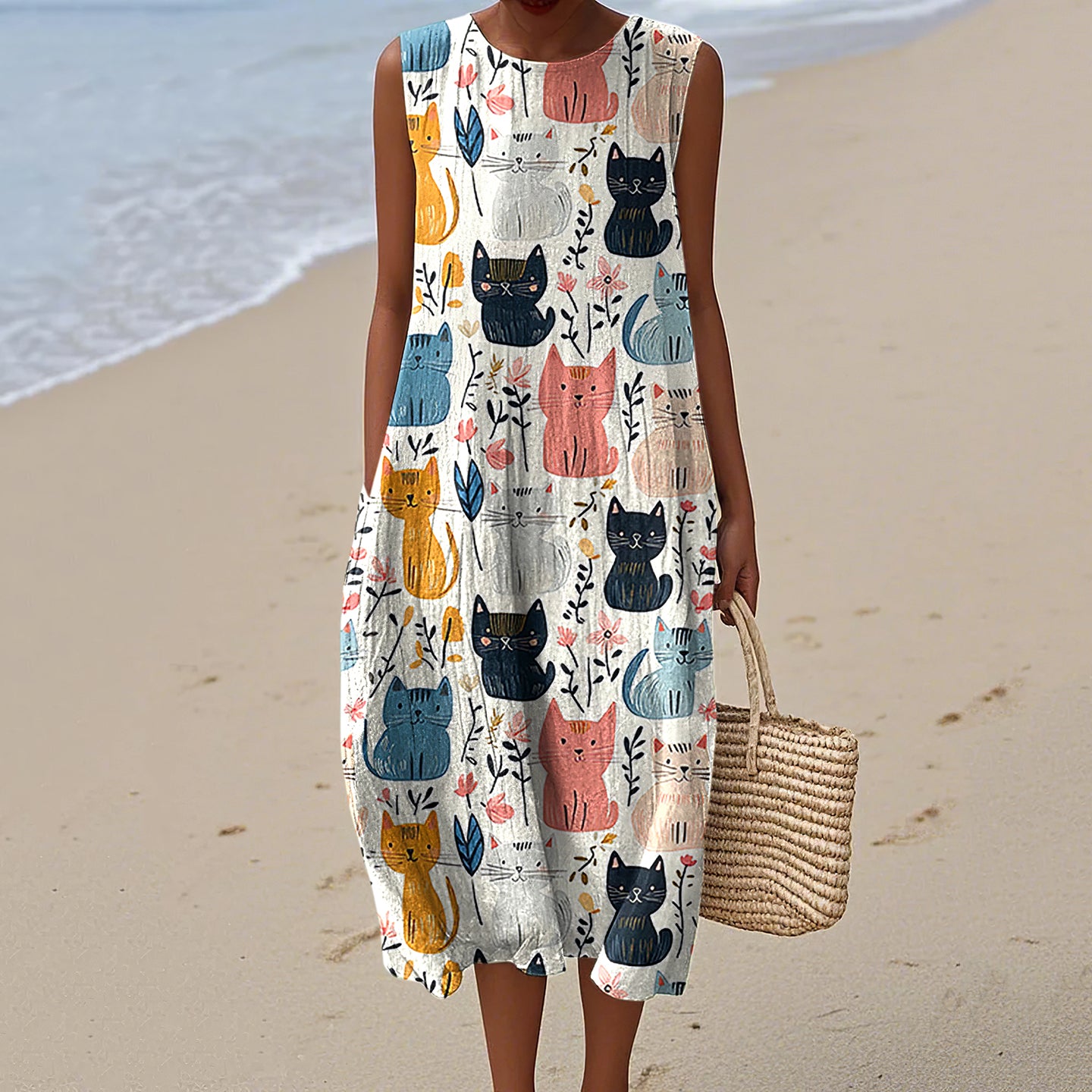 Women's Vintage Cute Cat Flowers Art Linen Tank Midi Dress elevenforest