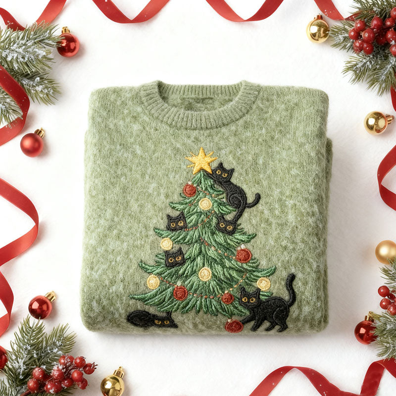 Cute Black Cat Christmas Tree Cozy Knit Sweater artswardrobe