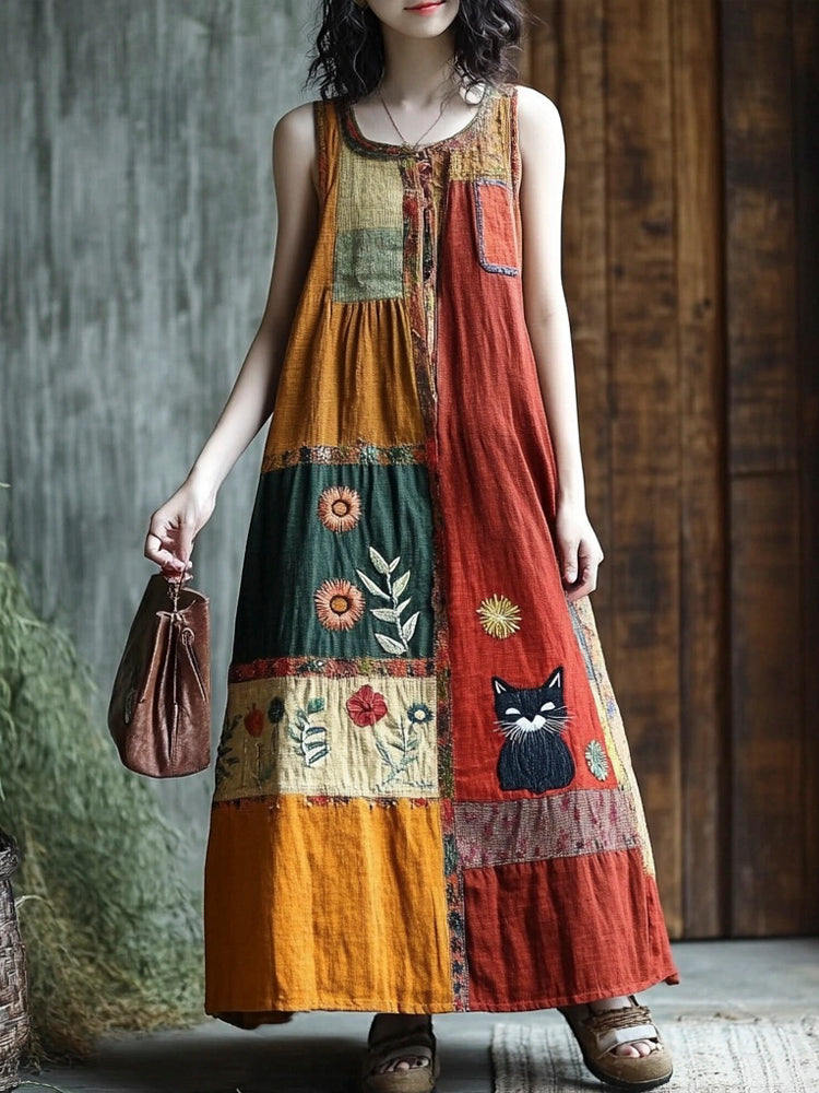 Boho Floral & Cat Patchwork Linen Vest Long Dress elevenforest