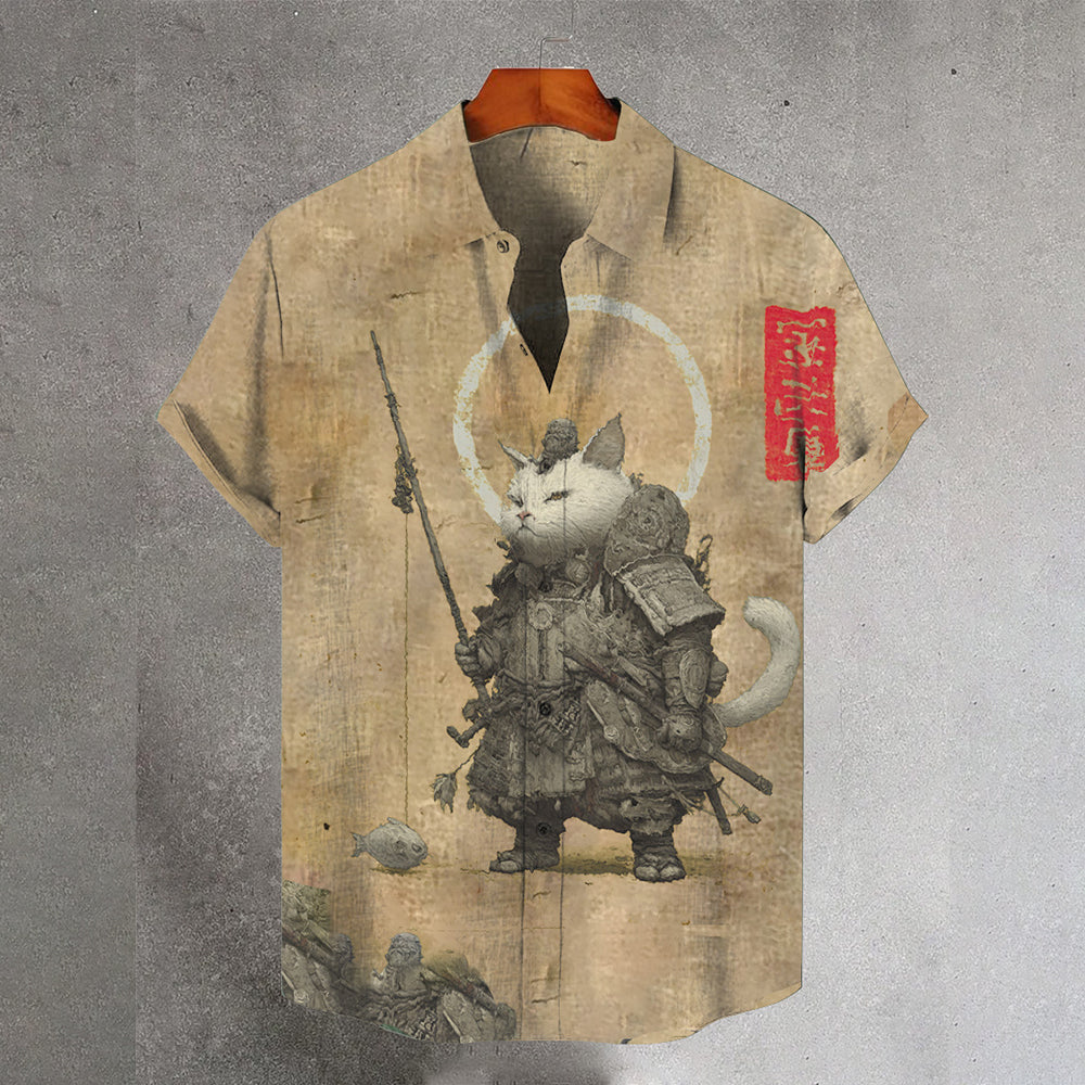 Funny Short-sleeved Shirt Featuring A Cat Wearing Armor While Fishing elevenforest