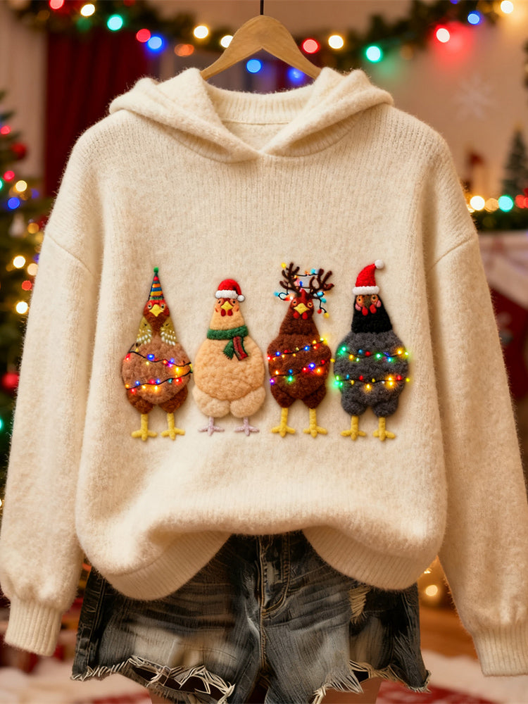 Comstylish Christmas Lights Chicken Women's Knit Hooded Sweater