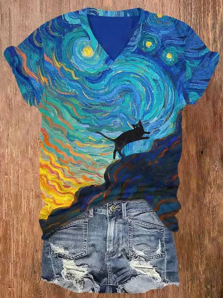 Black Cat Running Under Oil Painting Fantasy Sky Print V-neck Short Sleeve T-shirt elevenforest