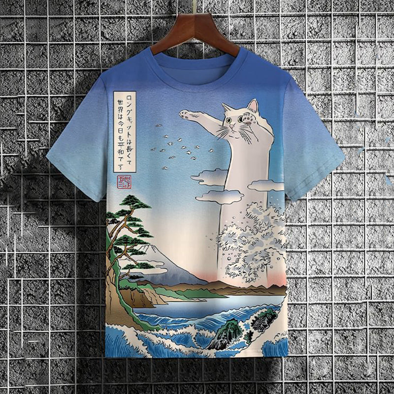 Men's Sea Wave Long Cat World Peace Print Casual T-Shirt elevenforest