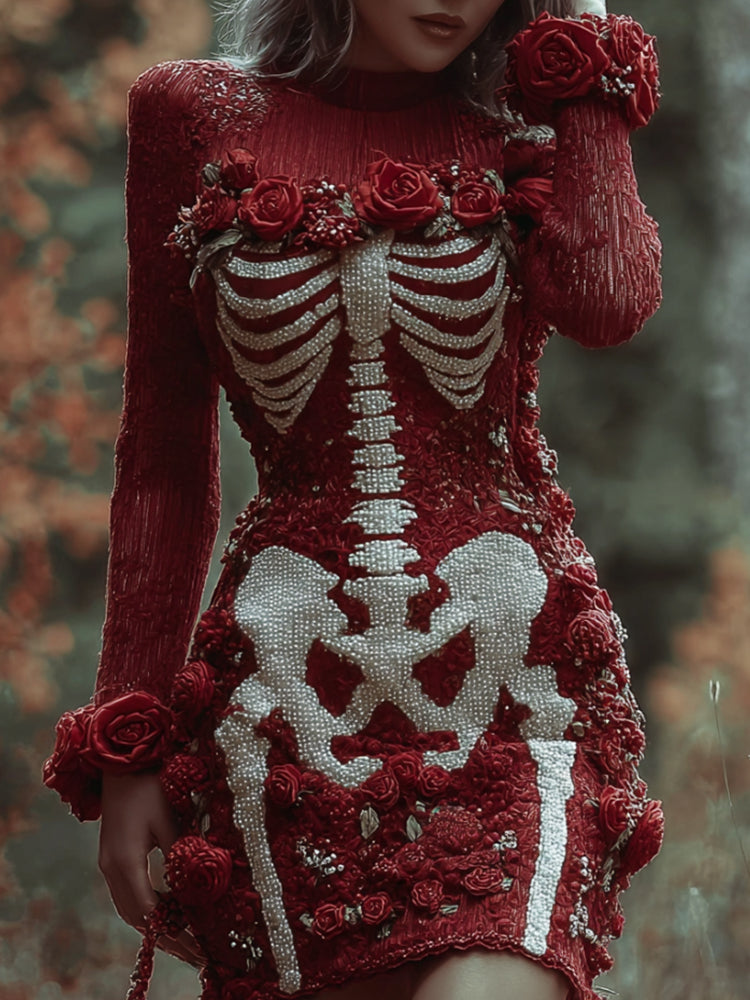Women's Halloween Skeleton Rose Knitted Lace Dress artswardrobe