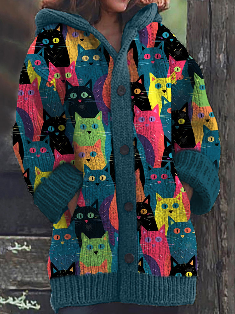 Colorful Cat Pattern Cozy Hooded Cardigan elevenforest