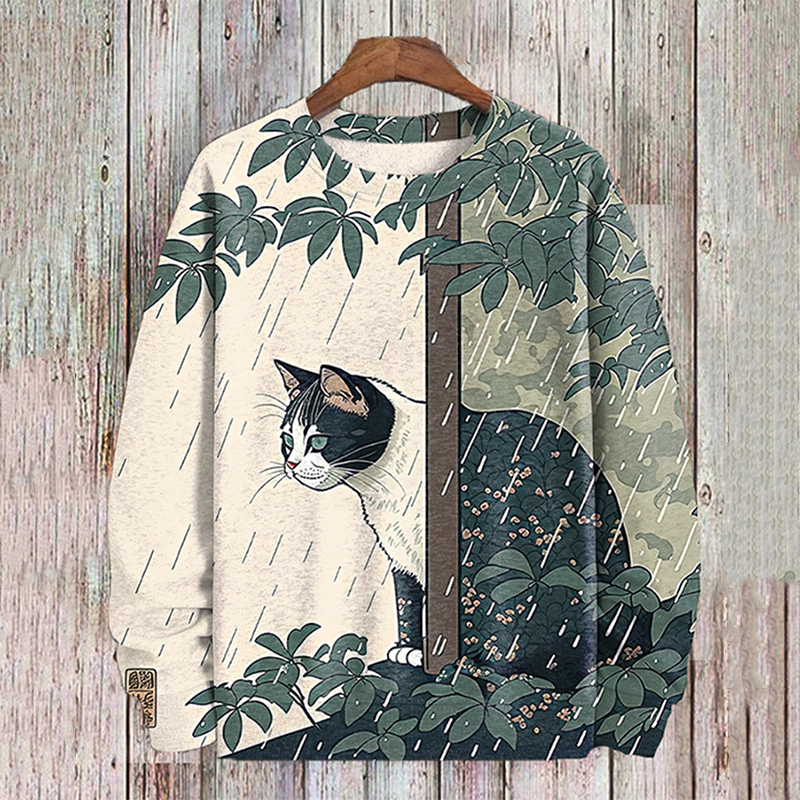 Men's Rainy Day Cat Ukiyo-E Art Print Casual Sweatshirt elevenforest