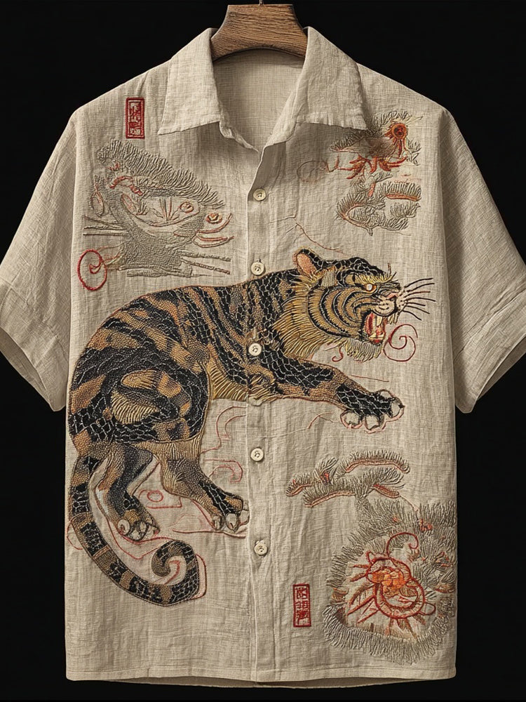 Vintage Japanese Pine & Cat Embroidered Cozy Linen Shirt elevenforest