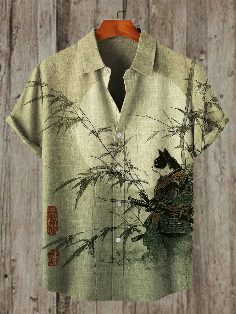 Japanese Cat Samurai Bamboo Full Moon Night Linen Shirt elevenforest