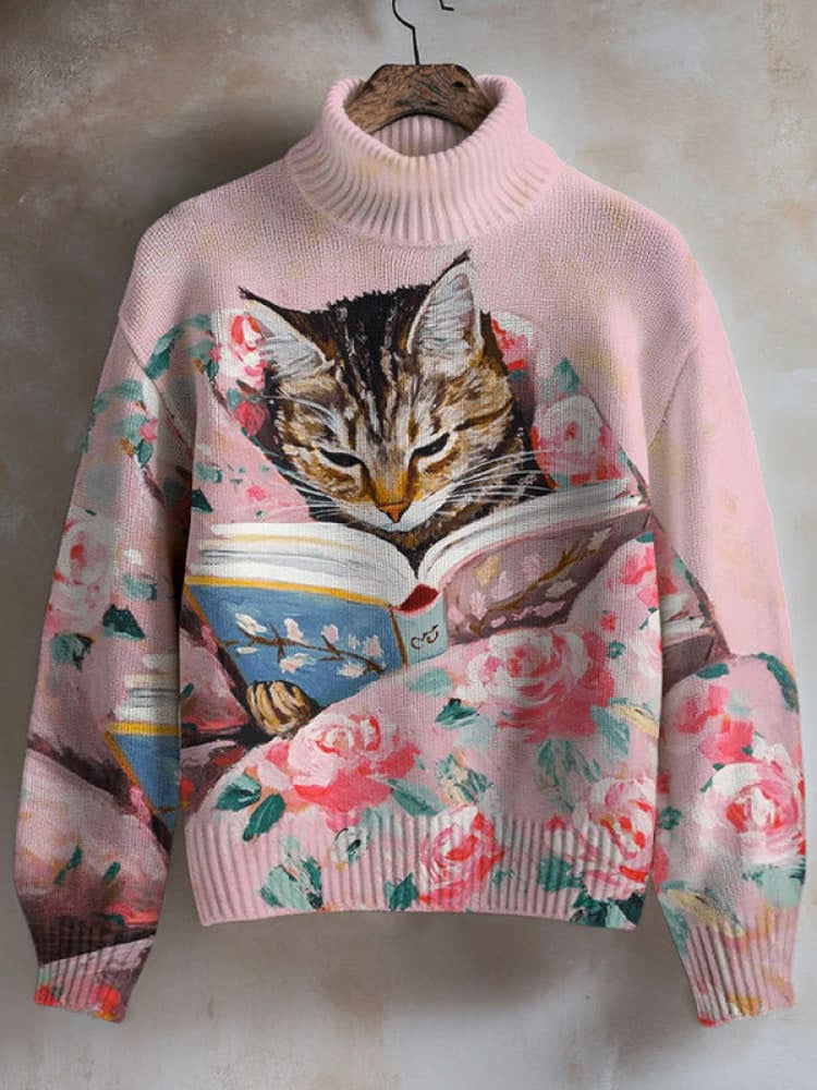 Women's Cat Reading Book Print High Neck Knit Sweatshirt elevenforest