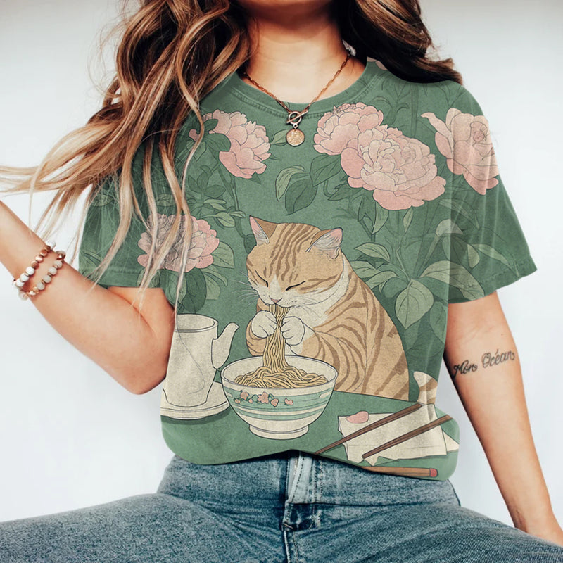Japanese Tabby Cat Eating Noodles Print Crew Neck Short Sleeve T-shirt elevenforest
