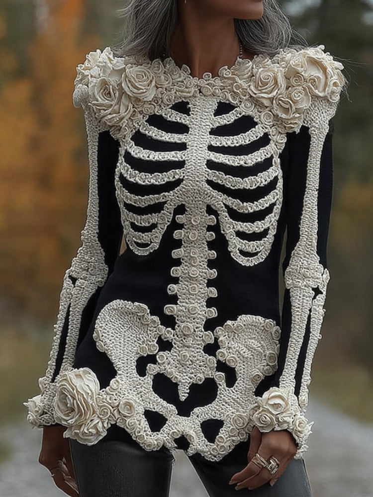 Women's Halloween Skeleton Rose Art Black Round Neck Sweater artswardrobe