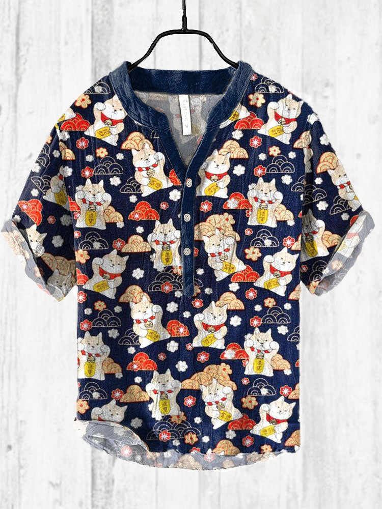 Lucky Cat Japanese Art Print Cozy Cotton Linen Shirt elevenforest