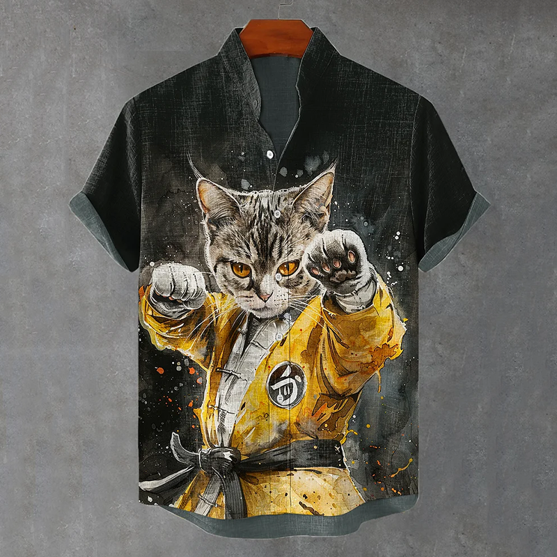 Retro Bruce Lee Martial Arts Cat Ink Painting Short Sleeve Linen Blend Shirt elevenforest