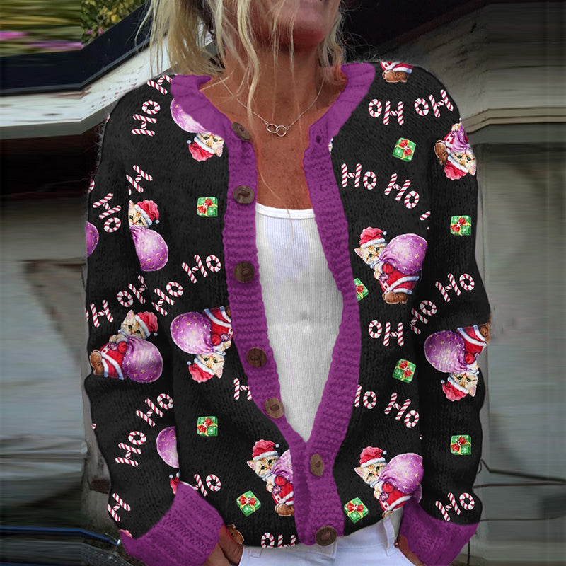 Ho Ho Ho Cute Cat Christmas Gift Contrast Color Women's Sweater Cardigan elevenforest