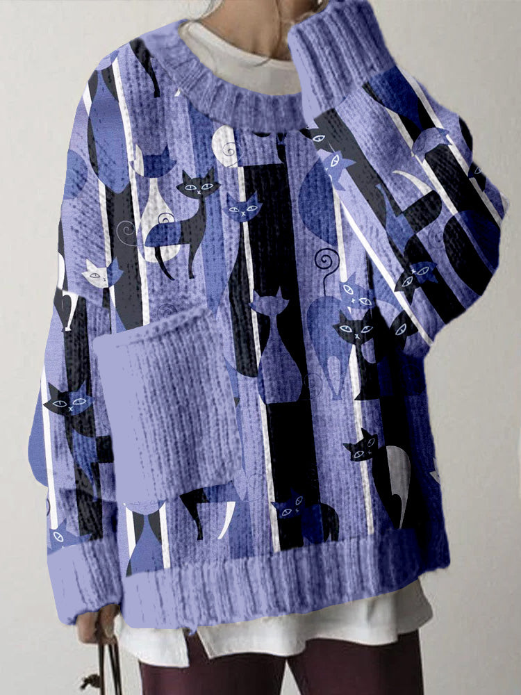Color Block Cats Pattern Big Pocket Cozy Sweater elevenforest