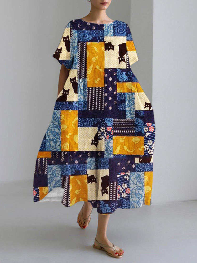 Vintage Cat Boho Women's Linen Maxi Dress elevenforest