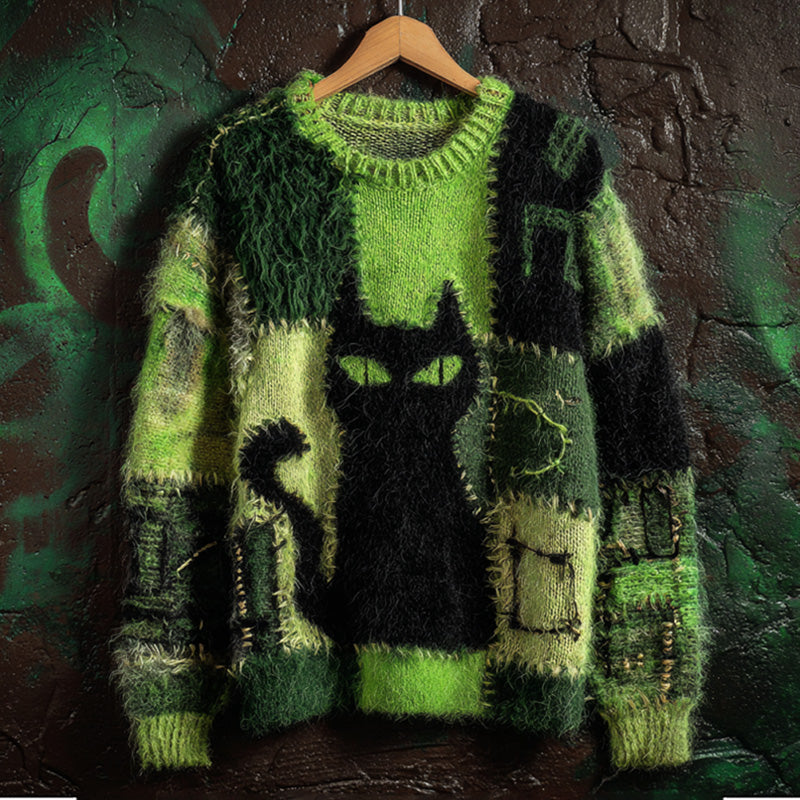 Women's Casual Vintage Halloween Black Cat Embroidered Sweater elevenforest