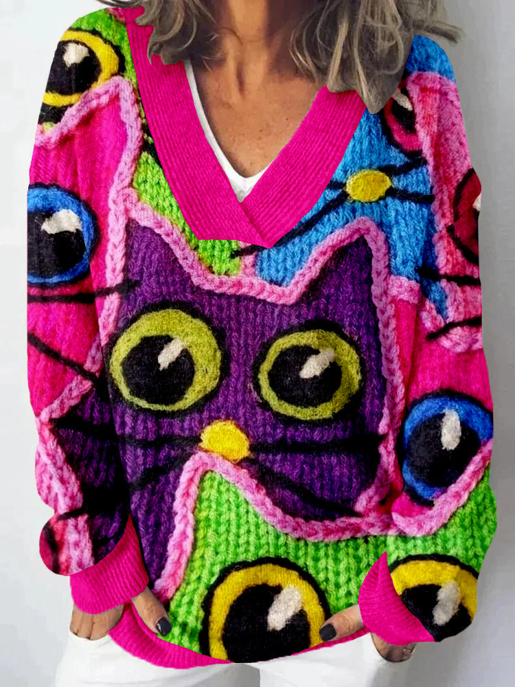 Cute Knit Cat Pattern V Neck Cozy Sweater elevenforest