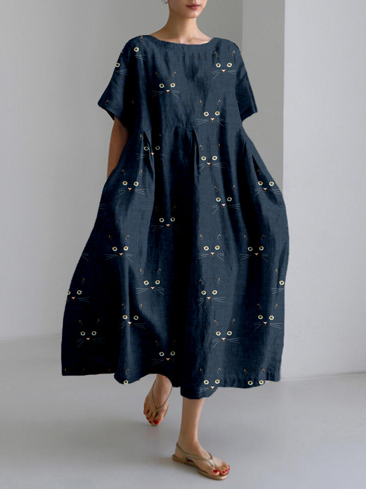 Cute Cat Face Pattern Linen Blend Cozy Maxi Dress elevenforest