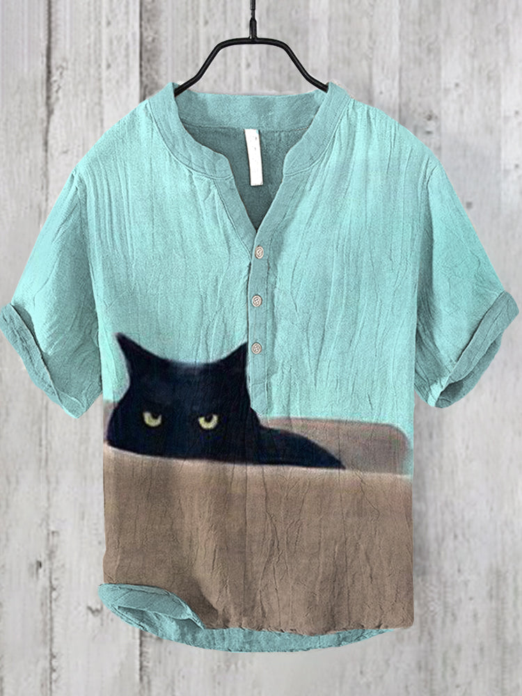 Japanese Black Cat Print Men's Linen V-Neck Shirt elevenforest