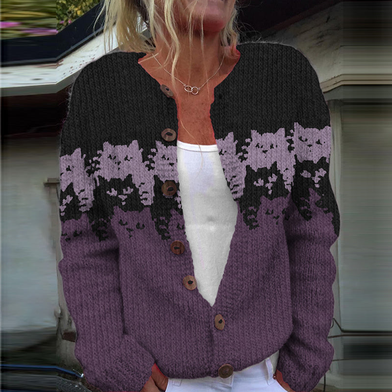 Cat Print Long Sleeve Knitted Cardigan elevenforest