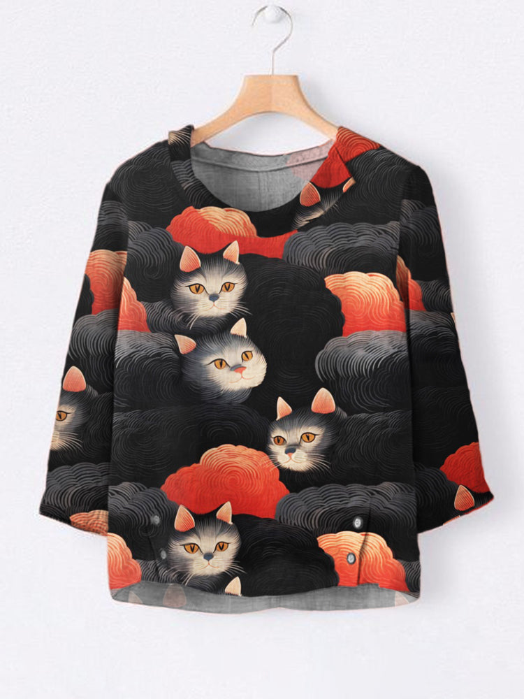 Cat Japanese Art Linen Lapel Shirt elevenforest