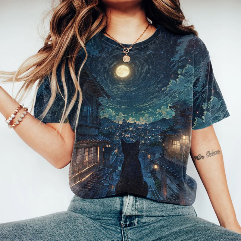 Abstract Creative Van Gogh City Black Cat Art Print T-shirt elevenforest