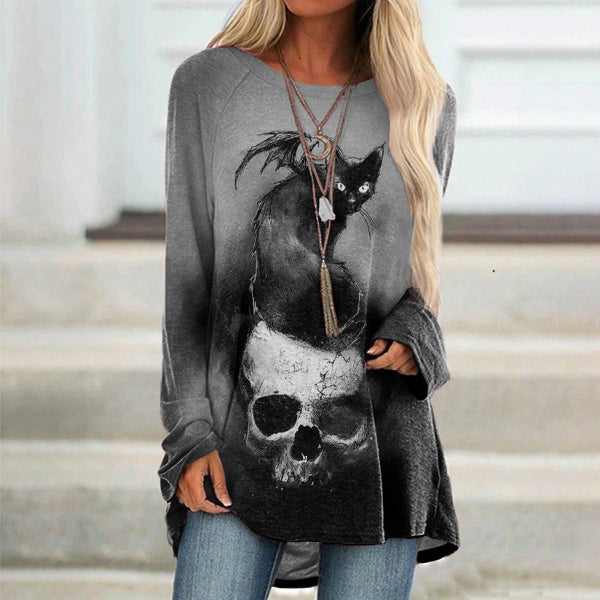 Halloween Cat Print Long Sleeve Tunic elevenforest
