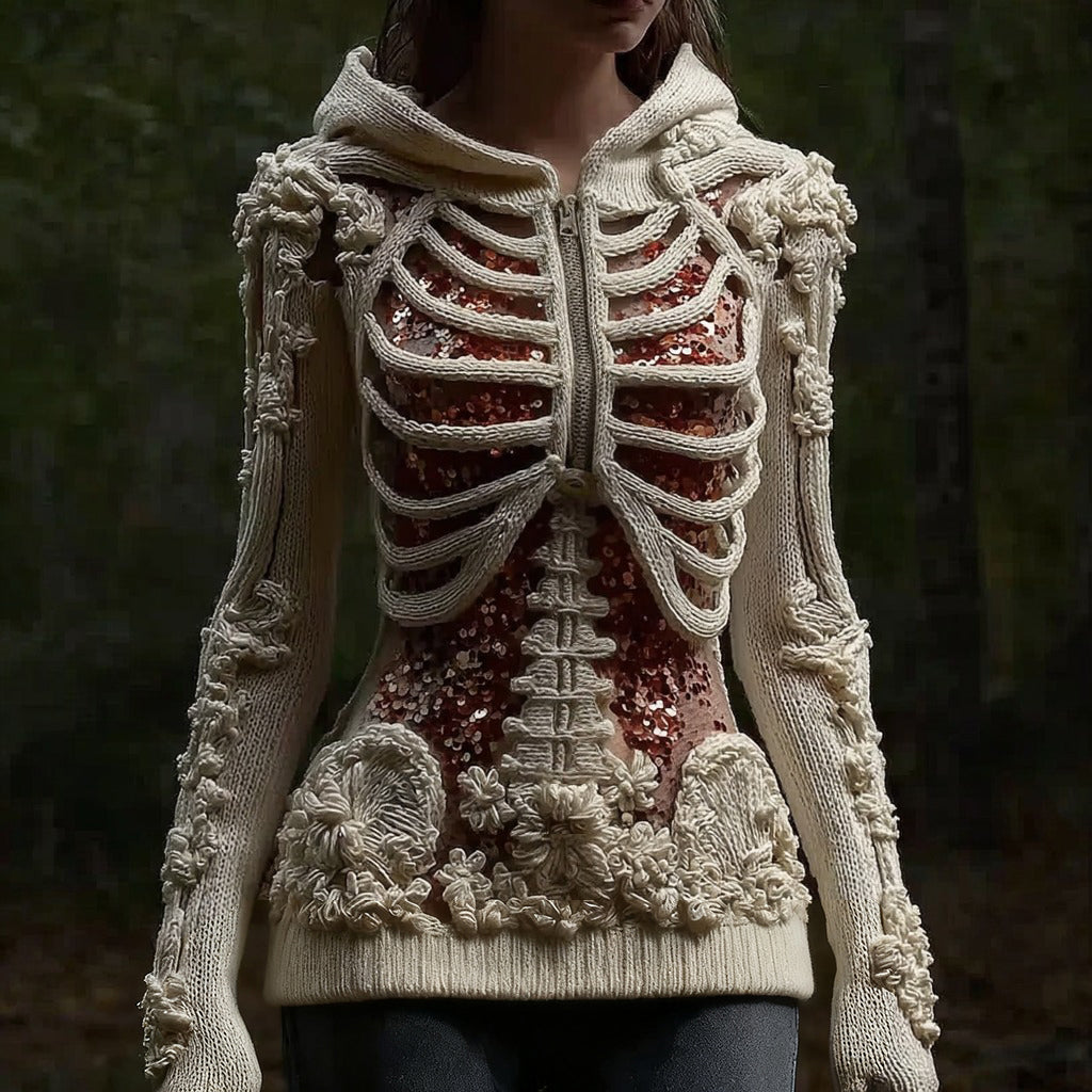 Women's Halloween Skull Sequin Art Knitted Warm Half-zip Hooded Sweater artswardrobe