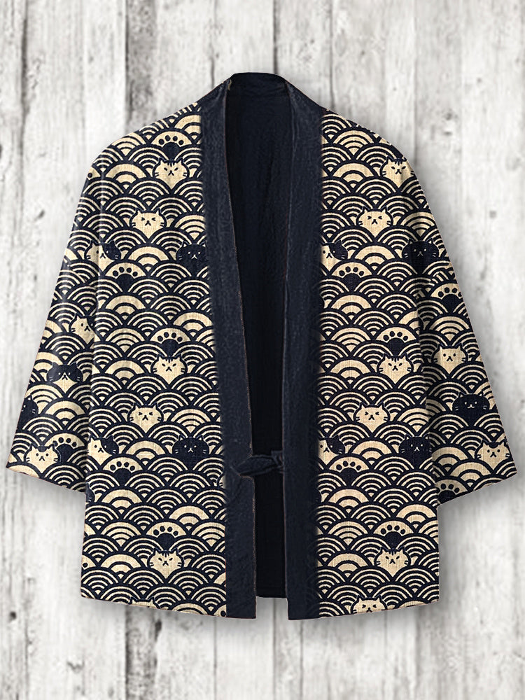Vintage Japanese Cats Print Cozy Linen Blend Kimono Cardigan elevenforest