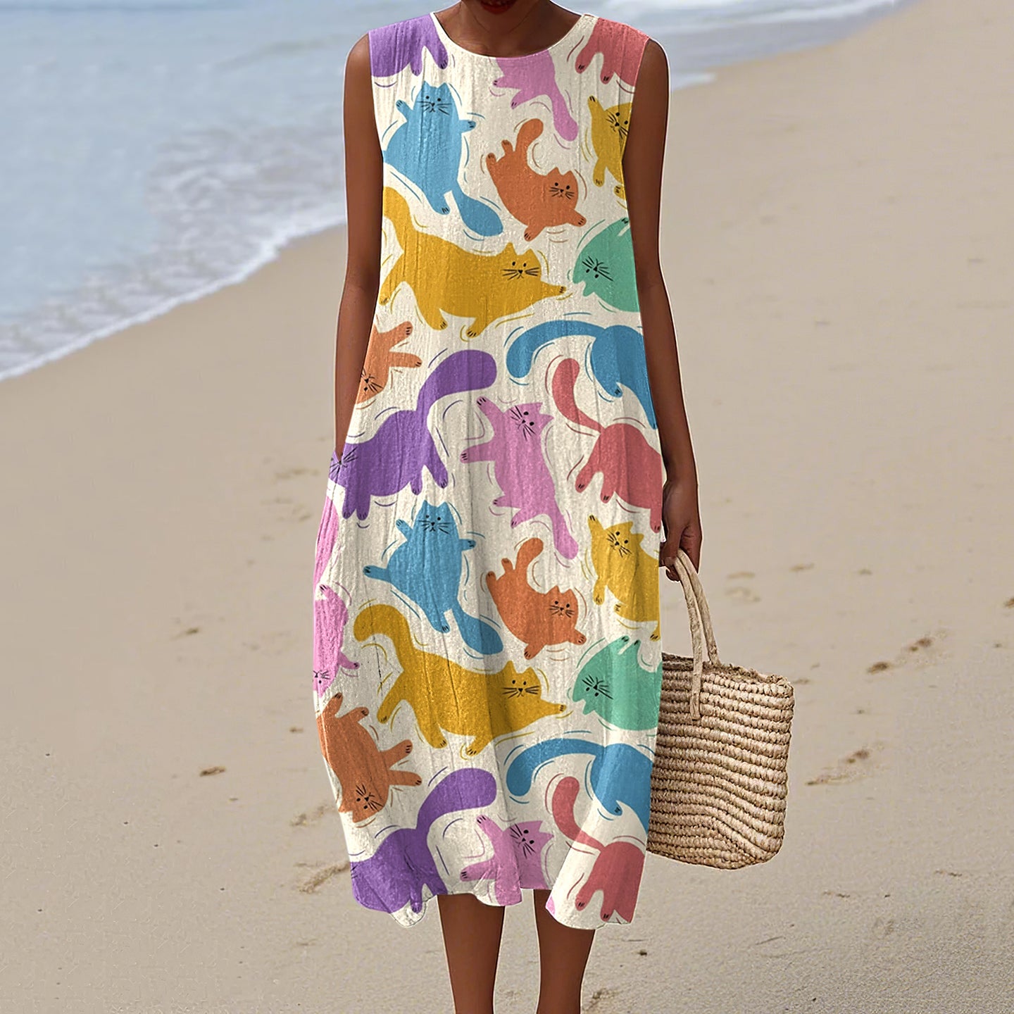 Women's Vintage Cute Cat Art Linen Tank Midi Dress elevenforest