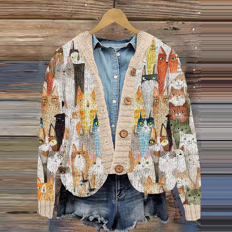 Colorful Cat Pattern Women's Cardigan elevenforest