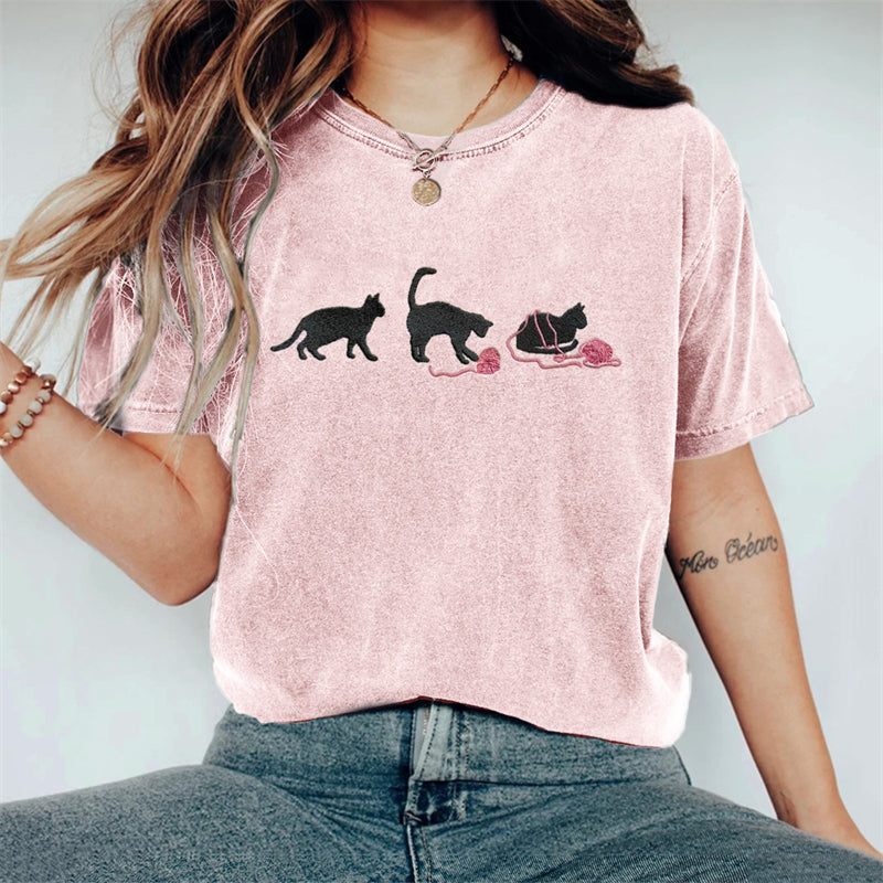 Lovely Black Cats With Pink Yarn Embroidered Washed T Shirt elevenforest