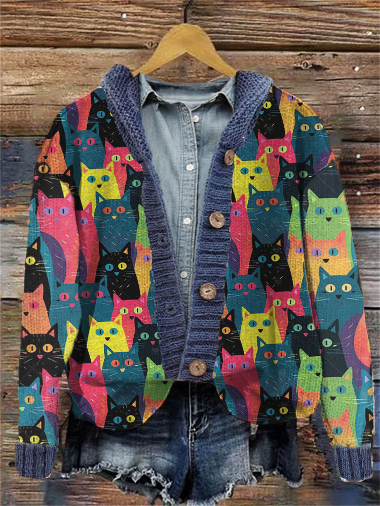 Colorful Cat Pattern Women's Cardigan elevenforest