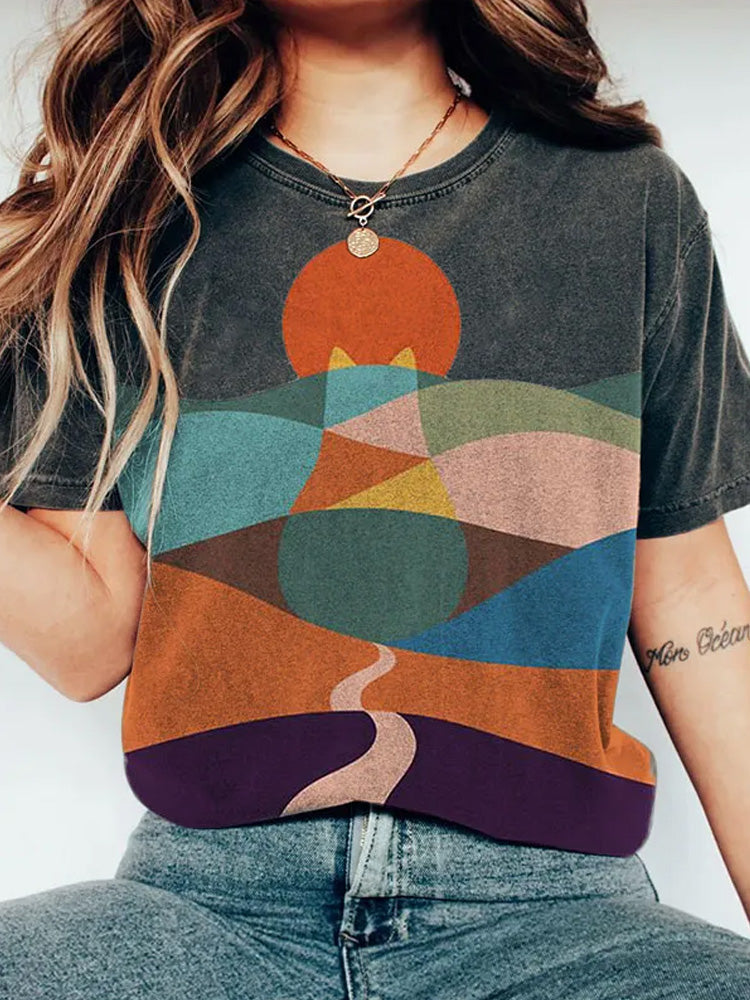 Cat Mountains Landscape Sunrise Japanese Art Vintage T-shirt elevenforest