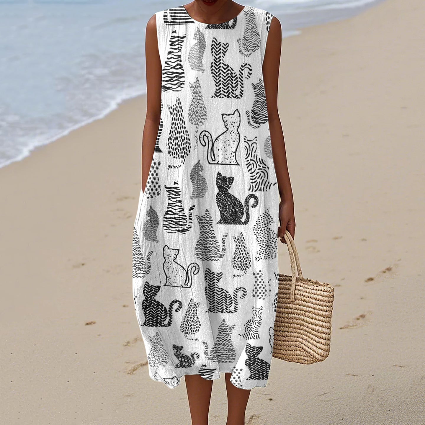 Women's Vintage Geometric Black Cat Art Linen Tank Midi Dress elevenforest
