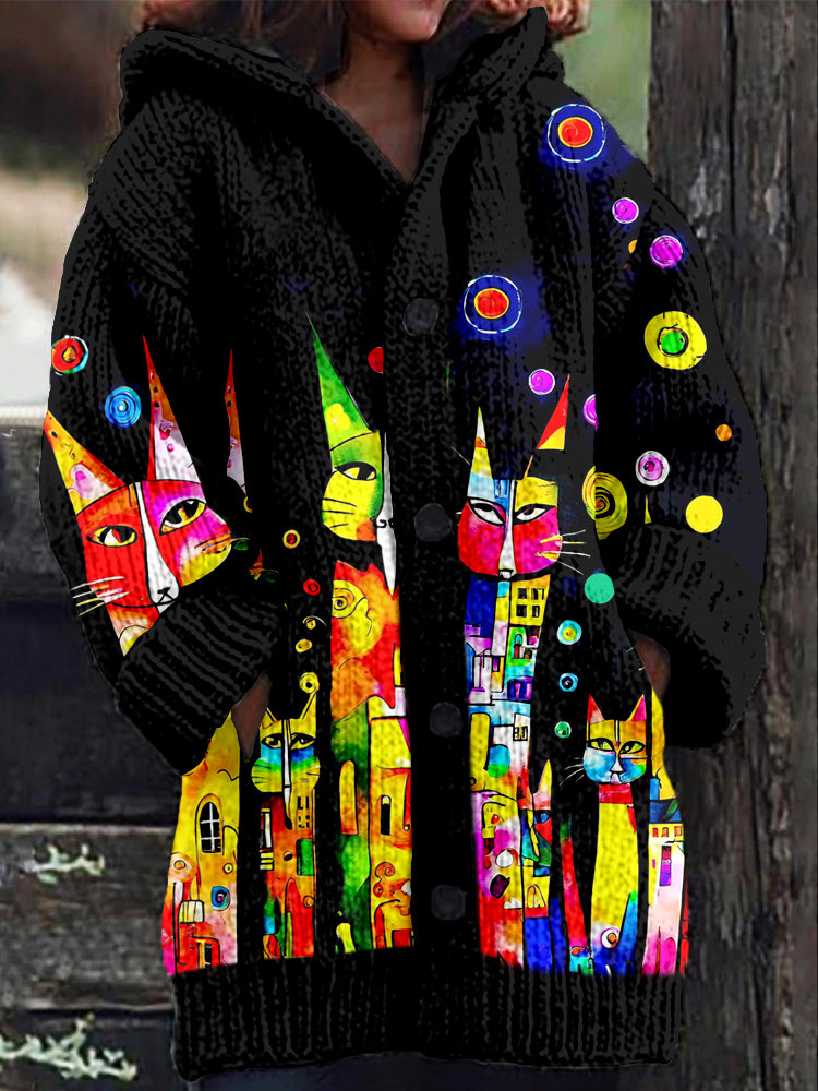 Colorful Whimsical Cats Art Cozy Hooded Cardigan elevenforest