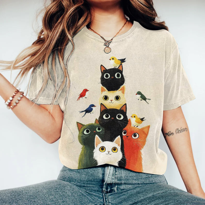 Abstract Creative Cat And Birds Fantasy Art Print Cotton Graphic T-shirt elevenforest