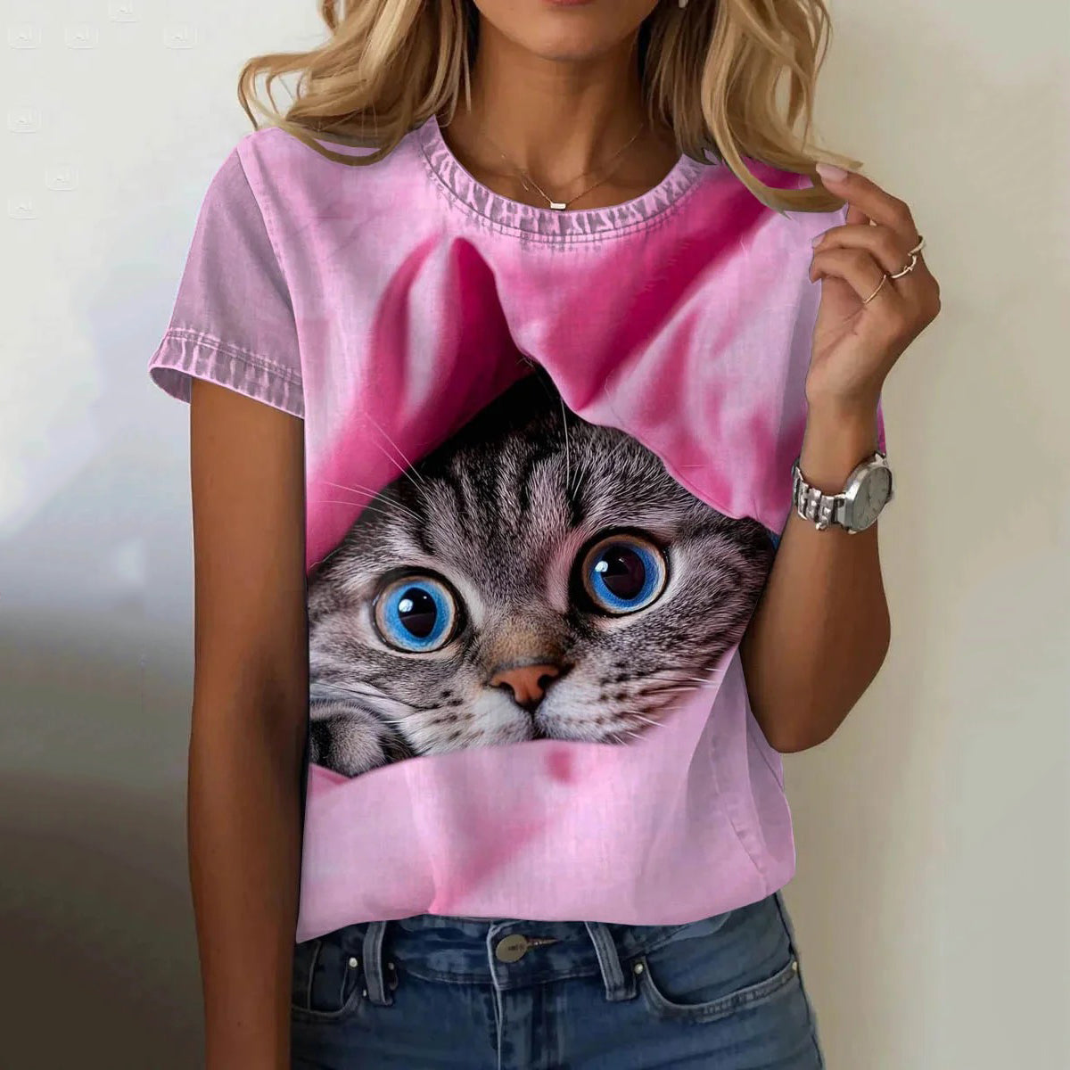 Abstract Cute Cat Hiding In Pink Art Print T-shirt elevenforest